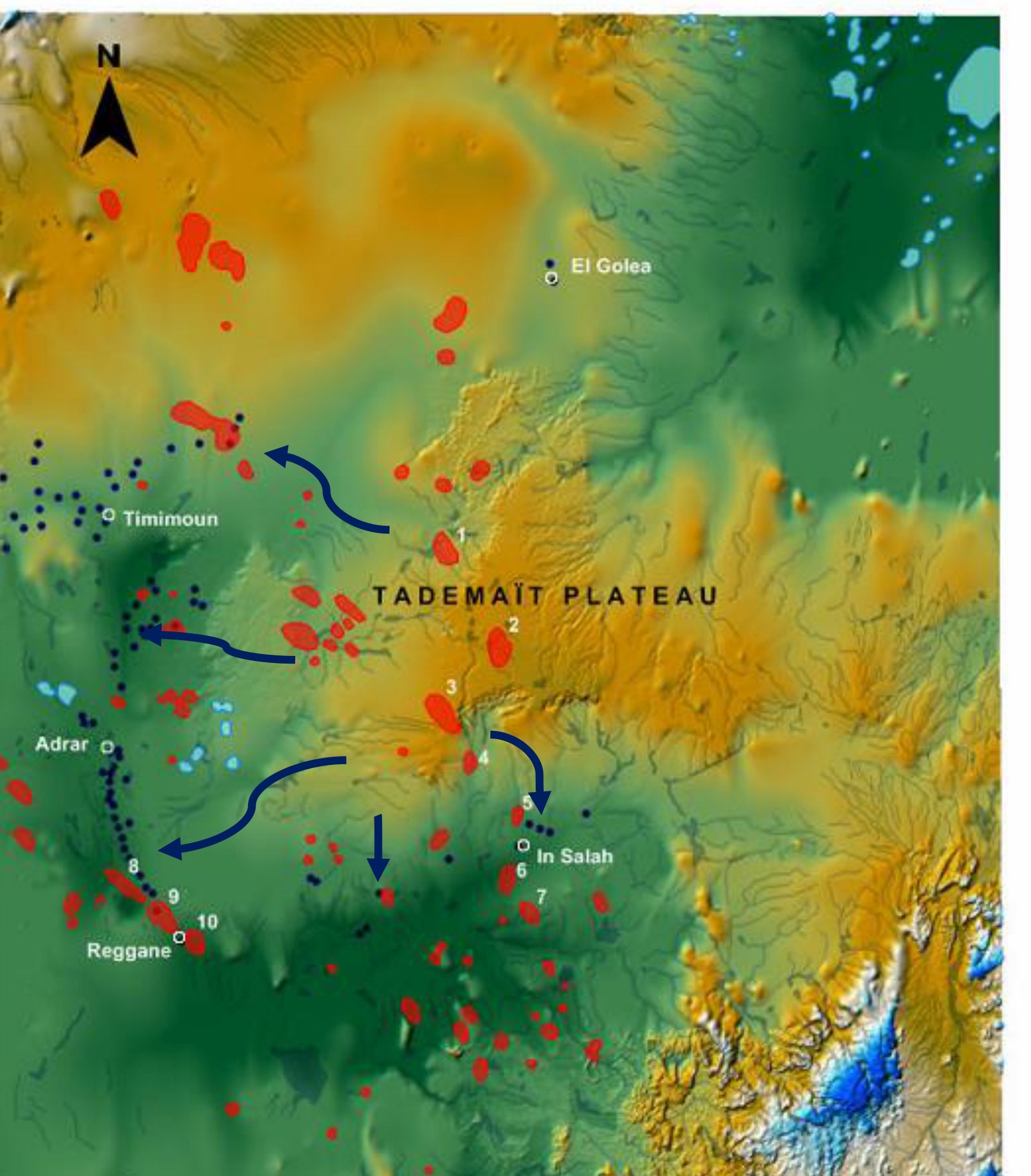 Regional topographic map of north-west Sahara, Algeria, with gas field locations and groundwater flow arrows running off the Tademait Plateau.